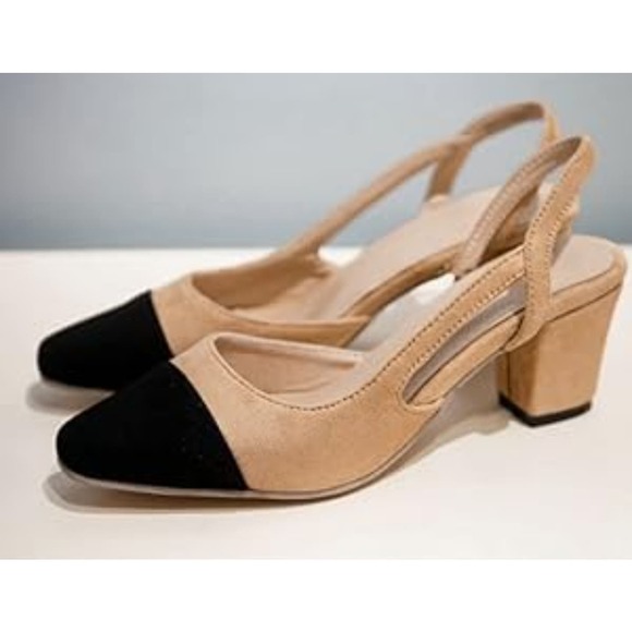 Eldof Women's Slingback Block Heels, Square Ladies, suede Black Beige US8 - Picture 5 of 7